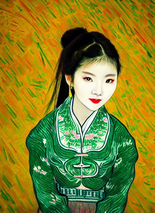 Image similar to portrait of a beautiful chinese shanghai city girl, danfeng eyes, open mouth, green shades, beautiful face, rule of thirds, intricate outfit, spotlight, painting by van gogh, digital