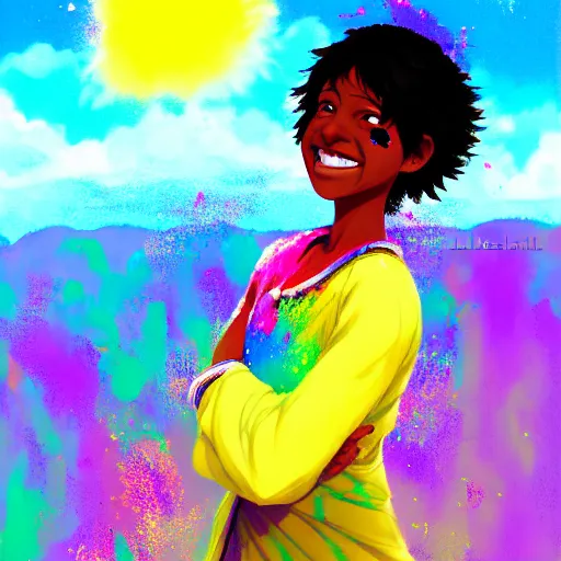 Prompt: portrait of a smiling black girl with short hair at the holi festival, By makoto shinkai, by leiji Matsumoto, by Julie Bell