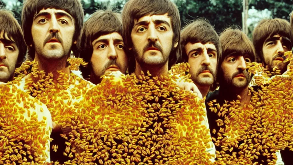 Image similar to The Beatles!!! drowning in honey! in a large honey jar, film still from the movie directed by Denis Villeneuve with art direction by Salvador Dalí, wide lens