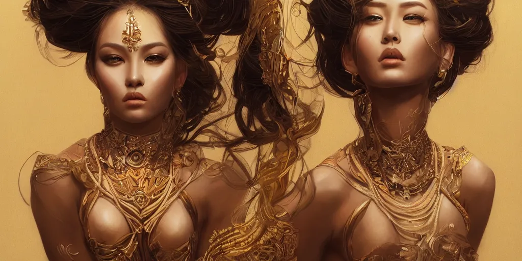 Image similar to Beautiful detailed portrait of an exotic goddess by Nick Silva, Shin JeongHo, Wandah Kurniawan, Symmetrical composition with people centered, realistic proportions, trending on artstation