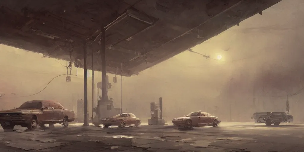 Image similar to a highly detailed epic cinematic concept art CG render digital painting artwork: Soviet gas station, fog. By Greg Rutkowski, in the style of Francis Bacon and Syd Mead and Norman Rockwell and Beksinski, open ceiling, highly detailed, painted by Francis Bacon and Edward Hopper, painted by James Gilleard, surrealism, airbrush, Ilya Kuvshinov, WLOP, Stanley Artgerm, very coherent, triadic color scheme, art by Takato Yamamoto and James Jean