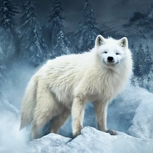 Prompt: angry devil white polar fox with sharp teeth as god of destruction, fire, postapocalyptic world, hyperrealistic, highly detailed