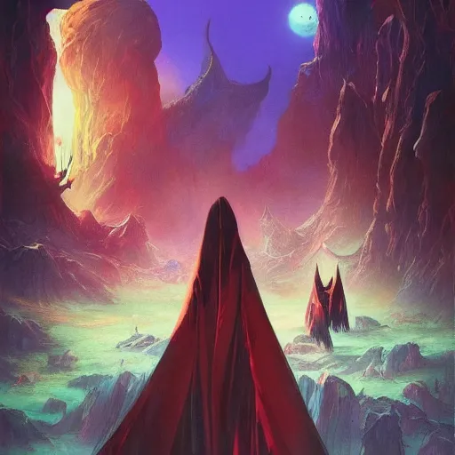 Prompt: Dracula traveling through a beautiful psychedelic world, illustrated by Greg Rutkowski and dr seuss, masterpiece, vivid colors, trending on artstation