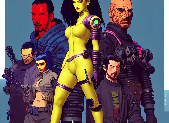 Image similar to cyberpunk samurai team. portrait by stonehouse and mœbius and will eisner and gil elvgren and pixar. character design. realistic proportions. cyberpunk 2 0 7 7 character art, blade runner 2 0 4 9 concept art. cel shading. attractive face. thick lines. the team. diverse characters. artstationhq.