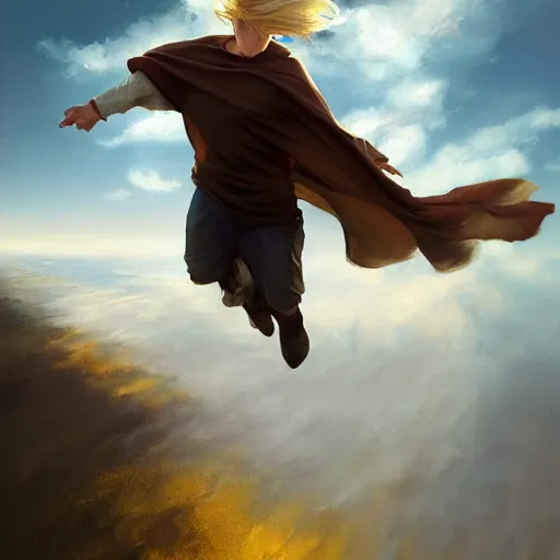 Image similar to blonde boy with golden eyes wearing a brown cape and flying in t pose, energy background, brush strokes, greg rutkowski, oil painting