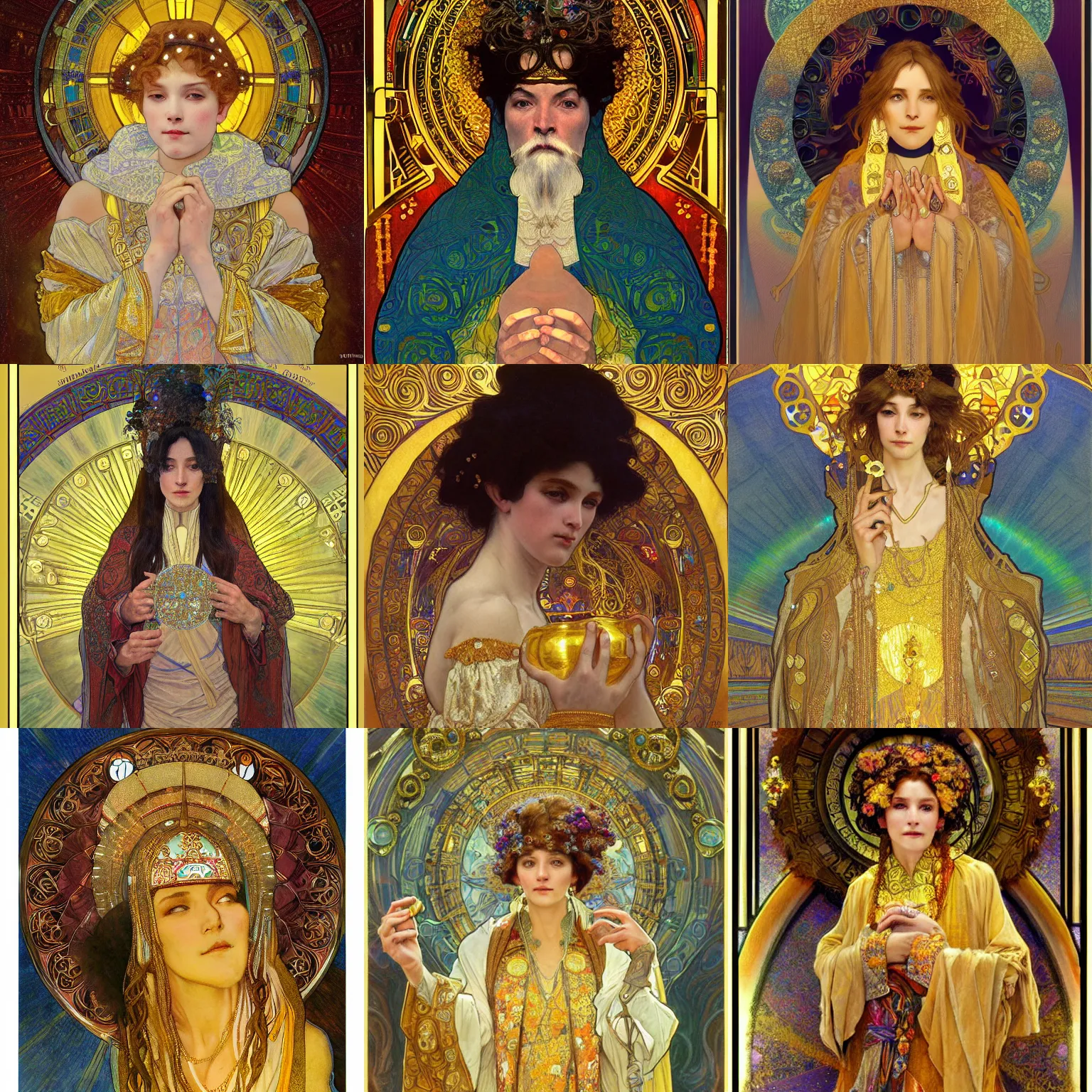 Prompt: detailing character concept portrait painting of sacred high priest, high fantasy, mythic , old woman, art station, trending, editor’s pickup, delicate detailing golden stroke, by Alphonse Mucha and Gustav Klimt