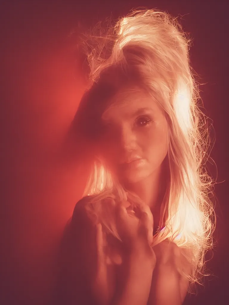 Image similar to photograph of a pretty blond woman illuminated with red light, soft light, night