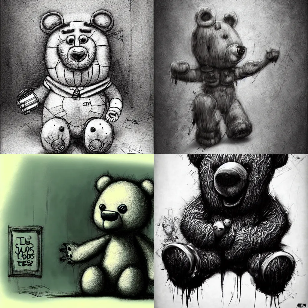 Prompt: surrealism grunge cartoon sketch of a teddy bear by - michael karcz, loony toons style, creepy themed, horror themed, detailed, elegant, intricate