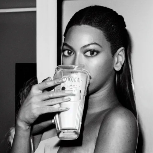 Prompt: real life paparazzi photo of Beyoncé drinking actual lemonade, 35mm film camera