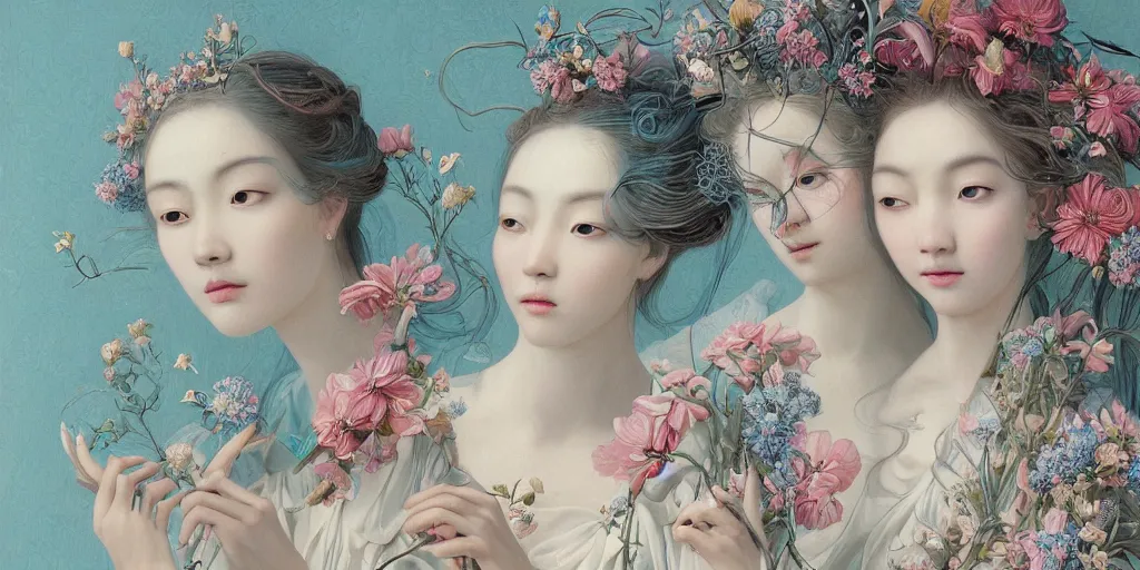 Image similar to breathtaking detailed concept art painting portrait of two goddess of light blue flowers by hsiao - ron cheng, carroty hair, orthodox saint, with anxious piercing eyes, vintage illustration pattern background with bizarre compositions blend of flowers and fruits and birds by beto val and john james audubon, exquisite detail, extremely moody lighting, 8 k