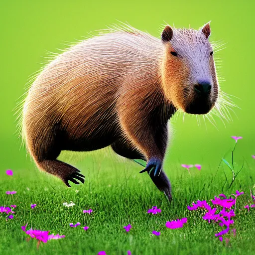 Prompt: “photorealistic capybara performing tai chi, hd, centered, sharp focus, octane render, trending on art station, wildflower field background, highly detailed, high quality”