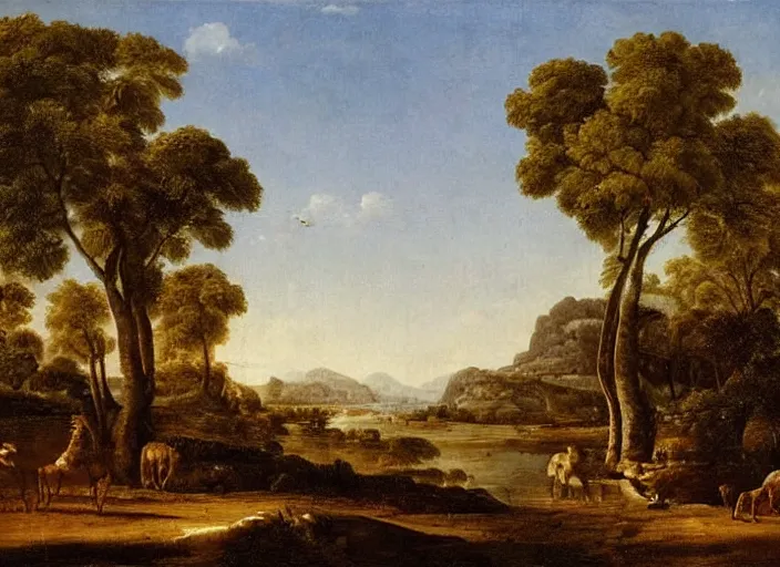 Image similar to highly detailed landscape of the african velt, animals, beautiful, bright atmosphere : claude lorrain