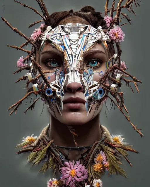 Image similar to symmetry!! portrait of a machine from horizon zero dawn, machine face, decorated with twigs and flowers, intricate, elegant, highly detailed, digital painting, artstation, concept art, smooth, sharp focus, illustration, art by artgerm and greg rutkowski and alphonse mucha, 8 k