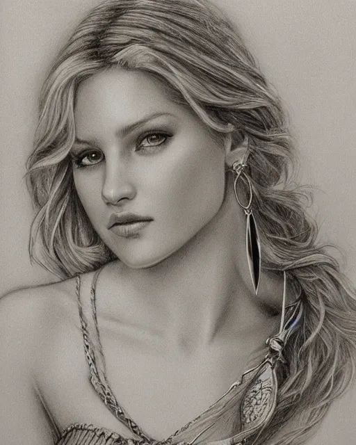 Image similar to pencil drawing of a beautiful greek goddess aphrodite with arrowhead earrings, beautiful piercing eyes, beautiful blonde hair, hyper realistic face, in the style of greg rutkowski, fantasy, amazing detail, epic, elegant, smooth, sharp focus, from the front