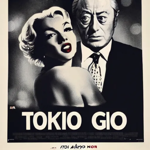 Prompt: a movie poster for the film a long night in tokyo starring michael caine and marilyn monroe