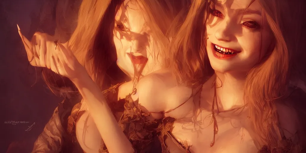 Prompt: a vampire girl smiling mysteriously, golden hour, fantasy, sharp focus, digital art, hyper realistic, 4 k, unreal engine, highly detailed, hd, dramatic lighting by brom, trending on artstation