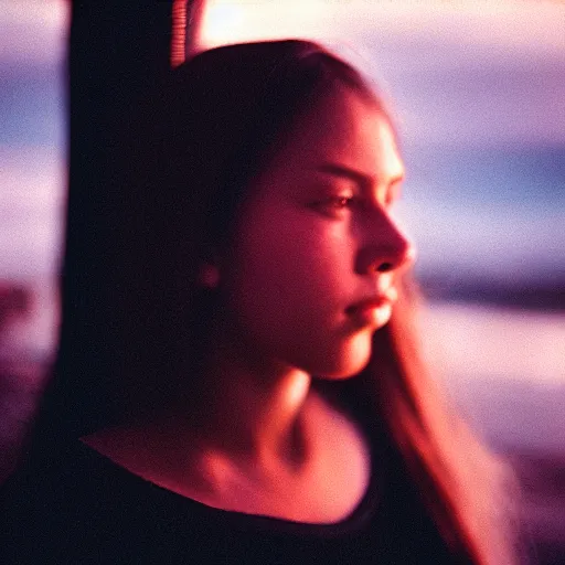 Image similar to Close up of a young woman’s face looking in the distance, captured in low light, sharp focus, detailed, cinestill 800t