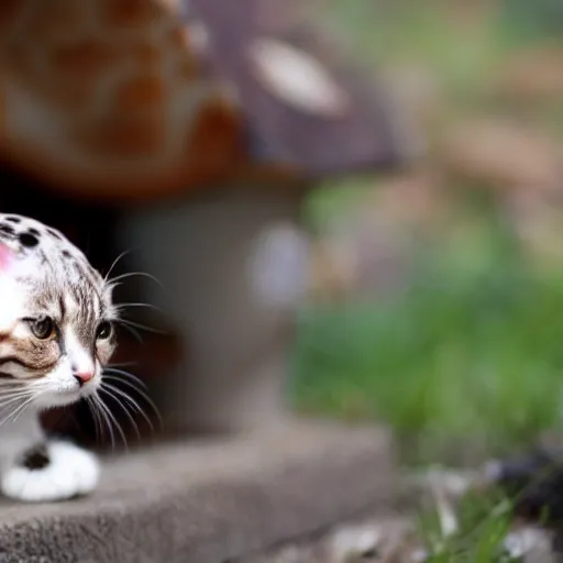 Prompt: a small domestic housecat with a spotted mushroom growing atop its head