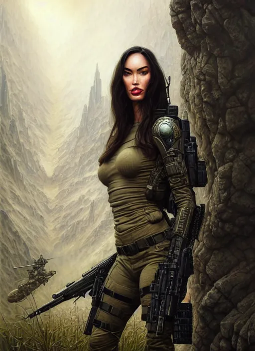 Image similar to closeup portrait shot of megan fox swat team soldier in a scenic dystopian environment, intricate, elegant, highly detailed, centered, digital painting, artstation, concept art, smooth, sharp focus, illustration, artgerm, tomasz alen kopera, peter mohrbacher, donato giancola, joseph christian leyendecker, wlop, boris vallejo