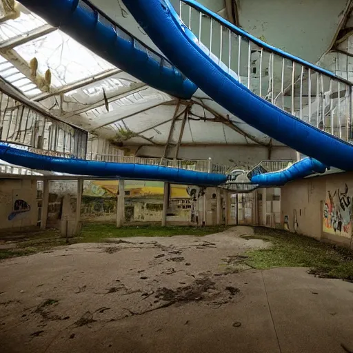 Prompt: abandoned indoor children's water park, water slides visible in the darkness, oddly familiar, nostalgic, unsettling