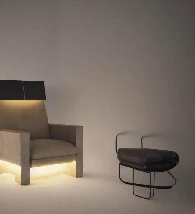 Image similar to a brutalist leather armchair with led strips in a dark concrete room, intricate details, octane render