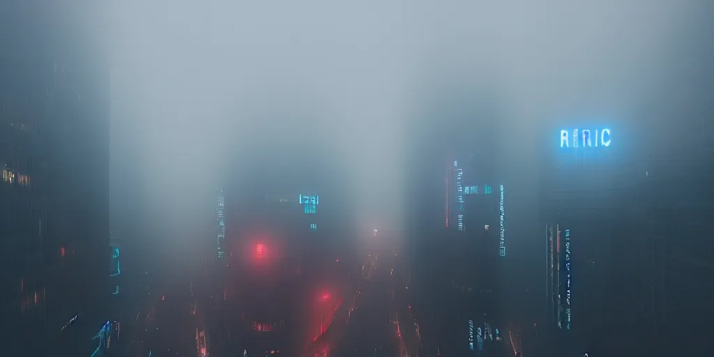 Prompt: eerie fog, giant illuminated advert screens, megacity streets seen from above, neon signs, blade runner, ex machina