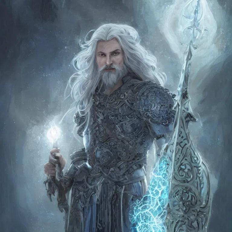 Image similar to Portrait of an Aasimar Paladin-Druid with glowing blue eyes, pale grey skin, silver full beard, and silver hair. He has a sword and wears green armor. Epic fantasy art, award winning on Artstation, intricate, highly detailed, dramatic lighting, illustration, concept art, art by artgerm and greg rutkowski and alphonse mucha, D&D, Dungeons and Dragons.