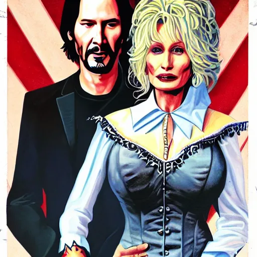 Prompt: American Gothic, with Keanu Reeves and Dolly Parton, by MARVEL comics and Sandra Chevrier, 8k