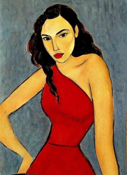 Image similar to portrait of Gal Gadot in red dress by Modigliani