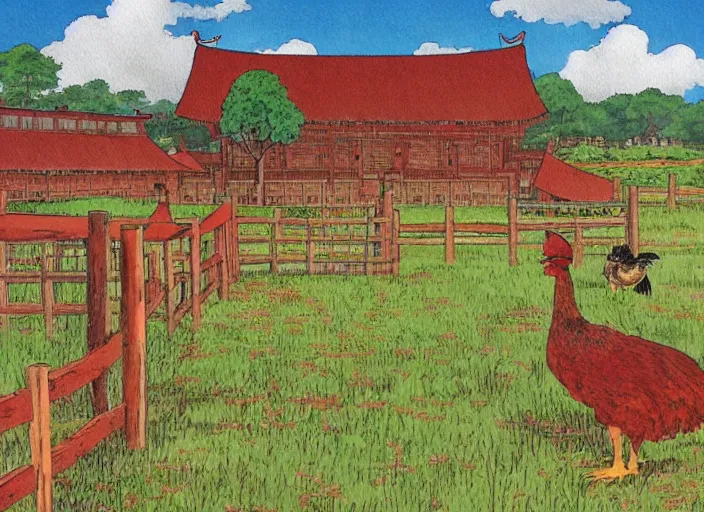 Prompt: big red and brown japanese fort in a meadow with chickens by studio ghibli painting