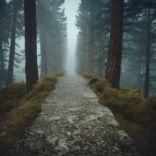 Image similar to photography of an old bridge over a dried river next to a haunted dark foggy forest with pine trees and mist, where monsters peer out waiting to pounce,