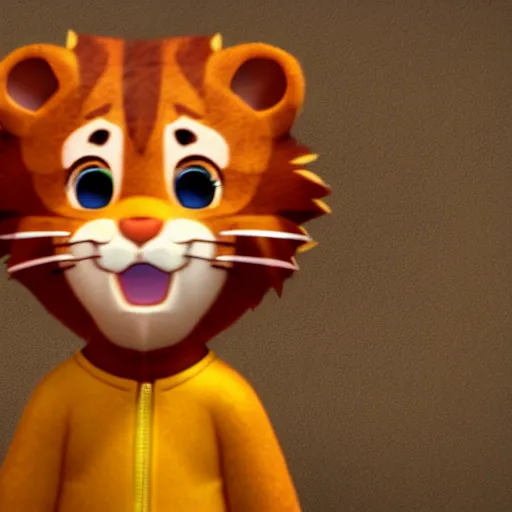 Prompt: render as a very grizzled 3d anime Daniel Tiger, full round round round round round round round face, short smile, cinematic lightning, medium shot, mid-shot, highly detailed, trending on Artstation, Unreal Engine 4k, cinematic wallpaper