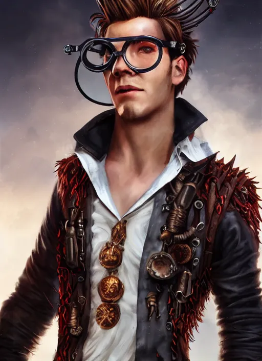 Image similar to An epic fantasy comic book style portrait painting of young man with red spiked long hair, using an steampunk googles. Wearing a black waistcoat, white shirt. Fire on his hands. Unreal 5, DAZ, hyperrealistic, octane render, cosplay, RPG portrait, dynamic lighting