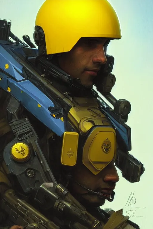 Image similar to a special forces unit soldier modern technology, blue and yellow shoulder patch, realistic portrait full body, symmetrical, highly detailed, digital painting, artstation, concept art, smooth, sharp focus, illustration, cinematic lighting, art by artgerm and greg rutkowski and alphonse mucha