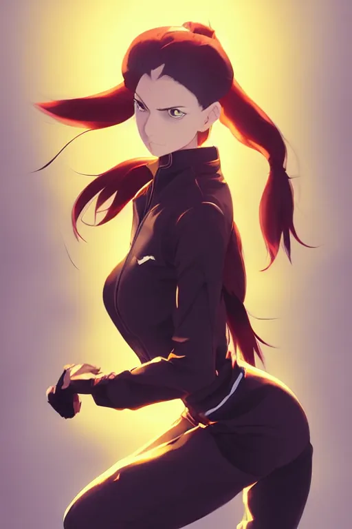 Image similar to black ponytail hair, pale woman in a black zipper jacket, yellow eyes, by artgerm, hair tied in a ponytail, white backdrop, soft lighting, fighting pose, dynamic angle, by greg rutkowski makoto shinkai takashi takeuchi