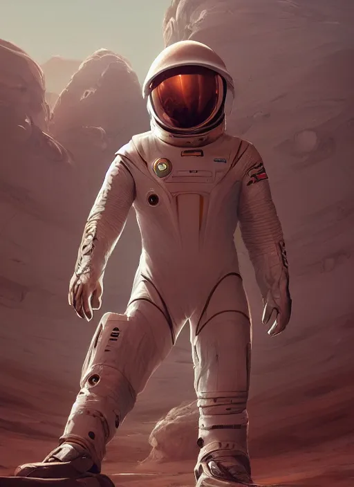 Image similar to a beautiful portrait of elon musk wearing a futuristic spacesuit on mars. character design by cory loftis, fenghua zhong, ryohei hase, ismail inceoglu and ruan jia. artstation, volumetric light, detailed, rendered in octane