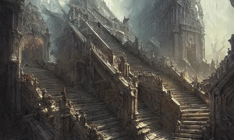 Image similar to stairs from hell to heaven, intricate detail, intricate, epic, vast, digital painting by greg rutkowski, artstation, very detailed, cinematic lighting, concept art