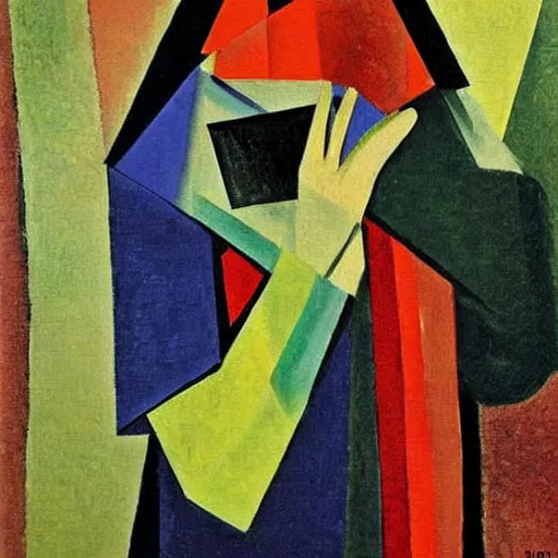 Prompt: A painting of a man holding a phone, collage, painting by Sonia Delaunay, by Paul Cézanne dull