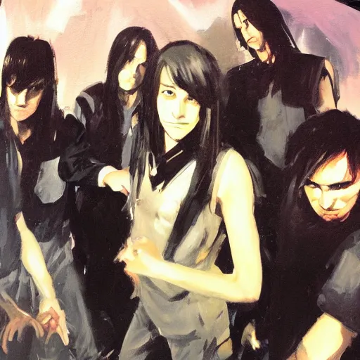 Prompt: greg manchess painting of an anime metal band photo, direct flash photography at night, film grain