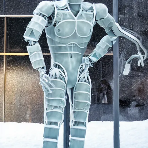 Image similar to made of ice, a realistic detailed photo of a guy who is an attractive humanoid who is half robot and half humanoid, who is a male android, on display, blank stare, showing off his muscles, shiny skin, posing like a statue, by the pool, frozen ice statue, twitch streamer / gamer ludwig, humanoid robot