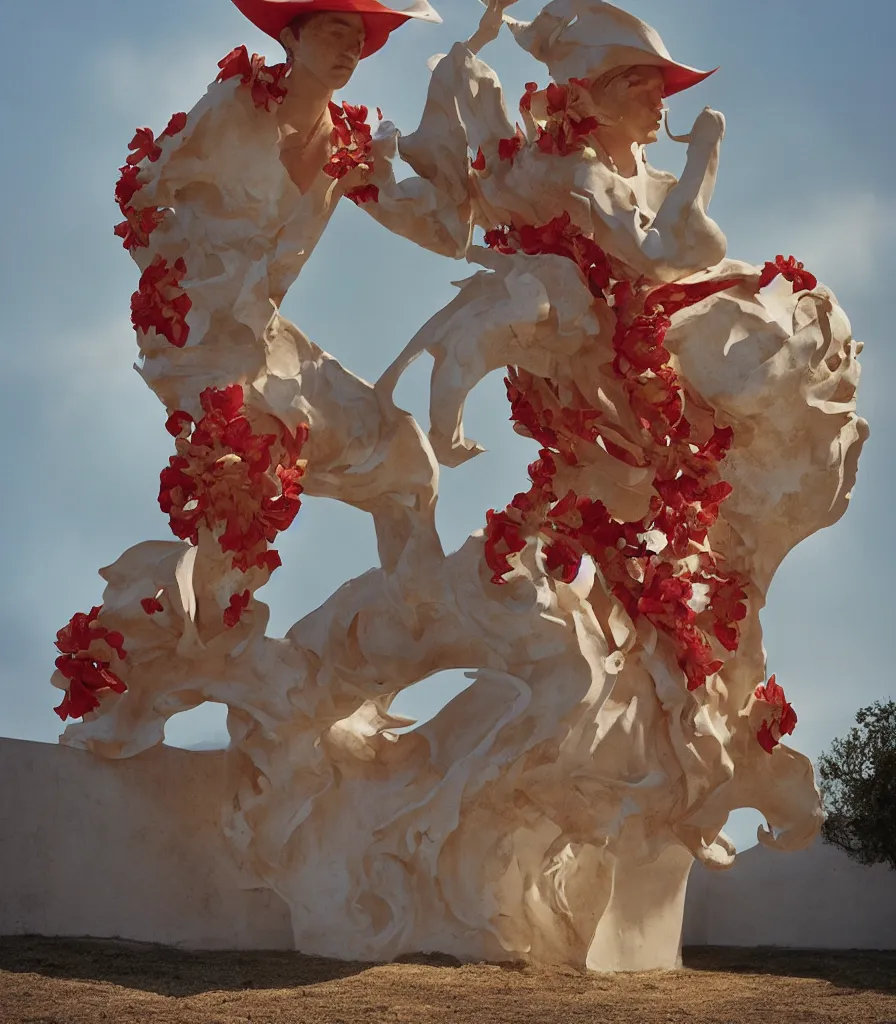 Image similar to a cowboy turning into blooms by slim aarons, by zhang kechun, by lynda benglis. tropical sea slugs, angular sharp tractor tires. complementary colors. warm soft volumetric dramatic light. national geographic. 8 k, rendered in octane, smooth gradients. sculpture by antonio canova. red accents.