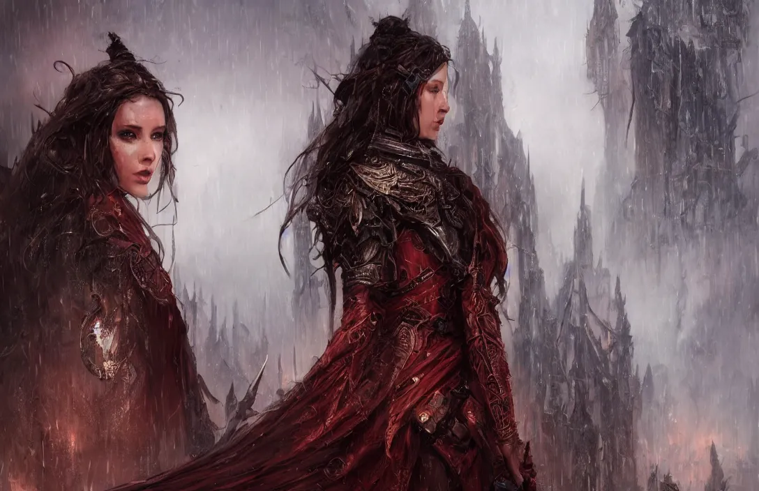 Prompt: a high detail portrait of a beautiful female Assassins in middle earth, raining, mist, magic, dragon, goth, steampunk by Julian calle, wlop, Denis Villeneuve, greg rutkowski and thomas kinkade, Finnian MacManus, Syd Mead, Trending on artstation, black and red scheme, 8k, wide-angle lens, Unreal Engine