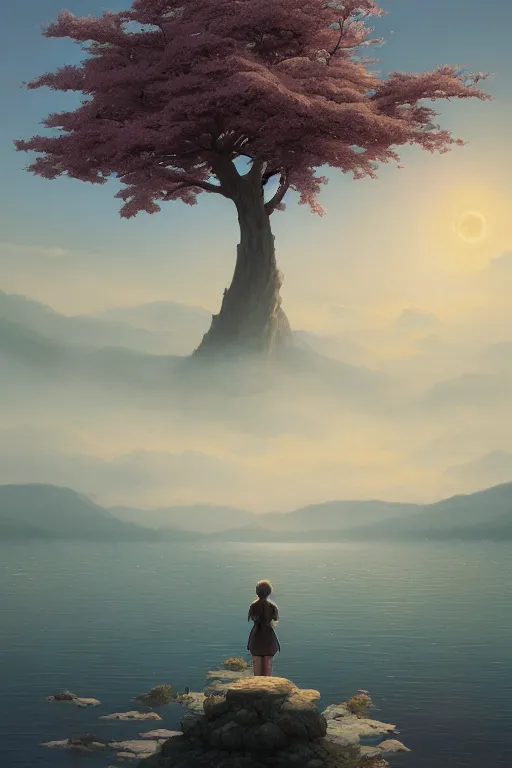 Image similar to a distant sakura tree on a lake, viewed from afar, stephen bliss, misty, unreal engine, fantasy art by greg rutkowski, loish, rhads, ferdinand knab, makoto shinkai and lois van baarle, ilya kuvshinov, rossdraws, tom bagshaw, global illumination, radiant light, minimalist, illustration, detailed and intricate environment