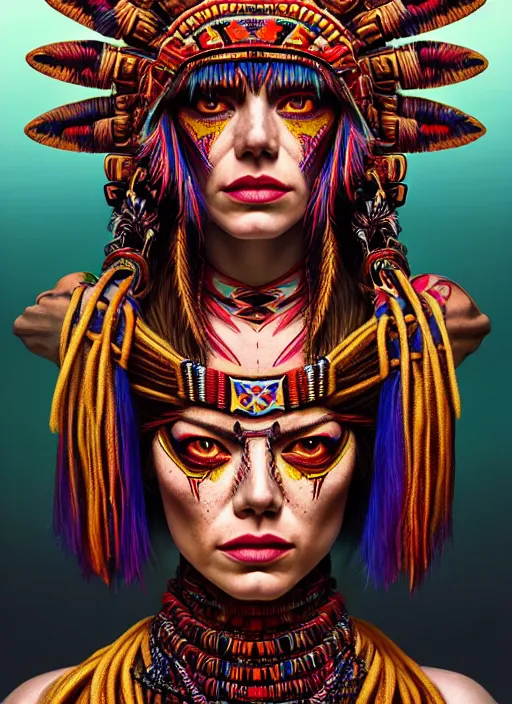 Image similar to portrait of emma stone, hyper detailed ultra sharp aztec shaman warrior. trending on artstation, warpaint aesthetic, bloodwave, colorful, psychedelic, ornate, intricate, digital painting, concept art, smooth, sharp focus, illustration, art by artgerm and greg rutkowski and h. r. giger, 8 k