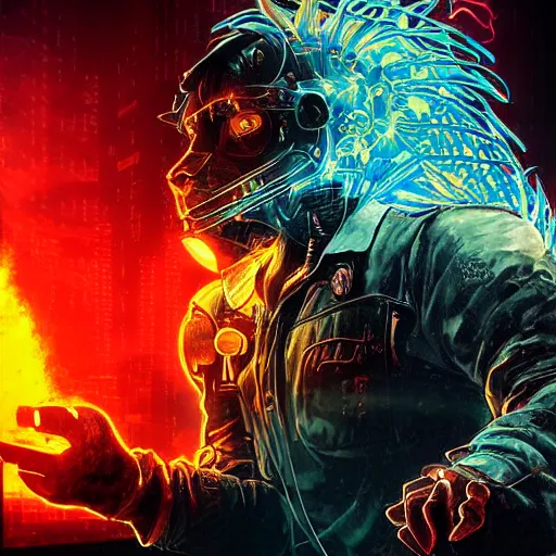 Image similar to fire lion, art, cyberpunk