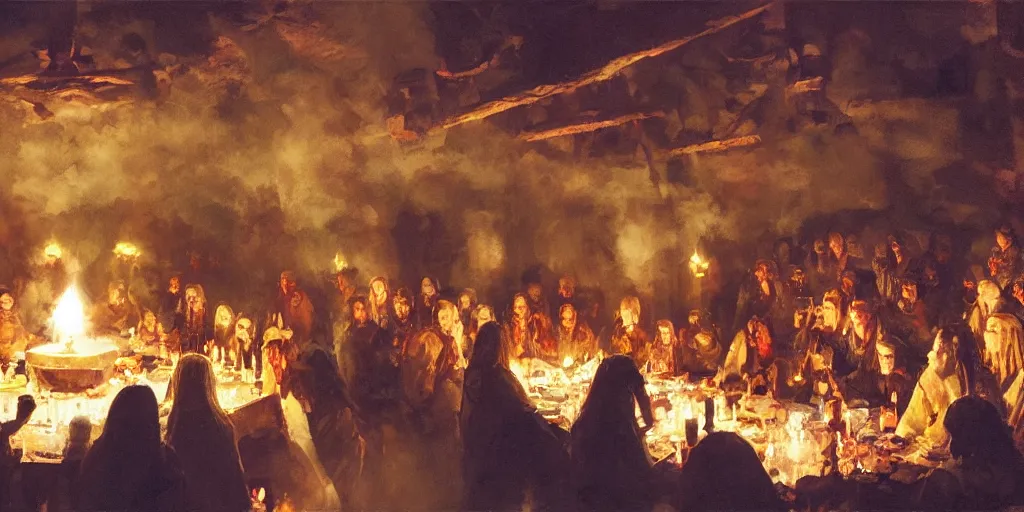 Prompt: low angle epic screenshot of the inside of a vast stone Viking feasting hall, candlelight, boisterous atmosphere, cinematography by Gregory manchess