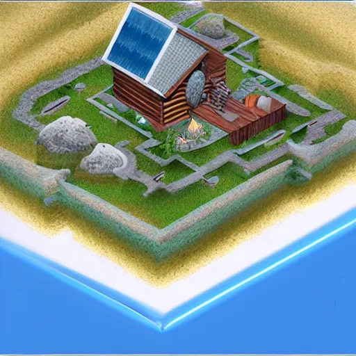 Image similar to isometric photoreal cabin in the woods in the middle of tge ocean, dnd 3 d map