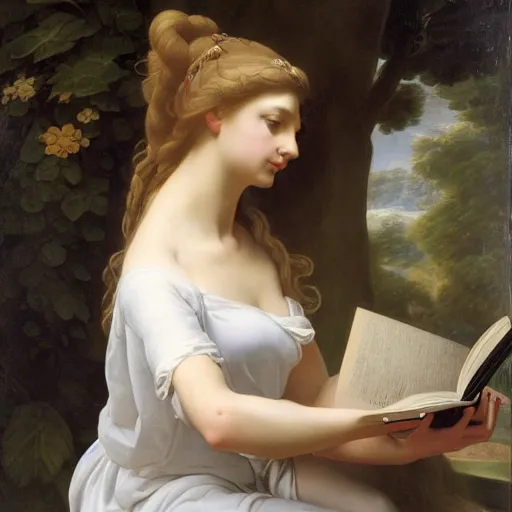 Image similar to a girl reading a book, hair flowing down, style of Jeff Easley Antonio Canova Ken Kelly Élisabeth Vigée Le Brun, 8K resolution