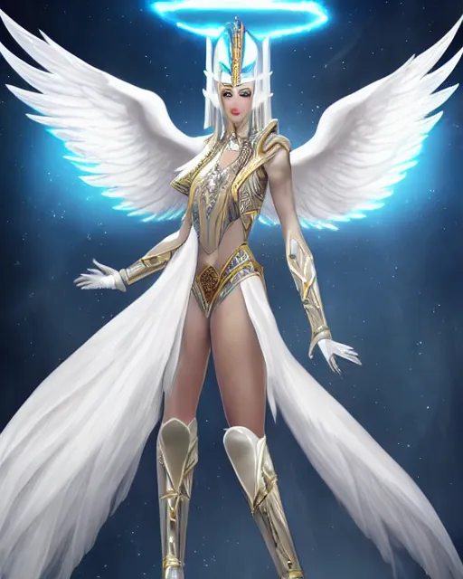 Image similar to perfect white haired egyptian goddess wearing white dove wings, warframe armor, regal, attractive, ornate, sultry, beautiful, dreamy, half asian, pretty face, blue eyes, detailed, scifi platform, 4 k, ultra realistic, epic lighting, android body, illuminated, cinematic, masterpiece, art by akihito tsukushi, voidstar, artgerm