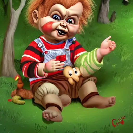 Prompt: a cute baby Chucky in an enchanted forest, illustration, digital art, well detailed